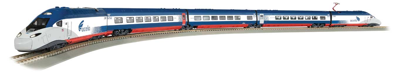Amtrak Acela II Train Set - Standard DC - Spectrum -- Powered & Unpowered Locos, 3 Cars, 81 x 45" E-Z Track Oval, Controller