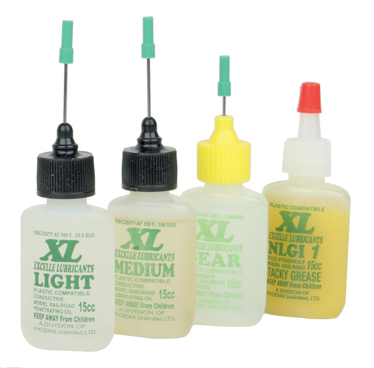 XL Lube Kit for HO & S Scales -- One 1/2oz14.8mL Bottle Each: Light, Medium, Gear & NLGI Grease 1
