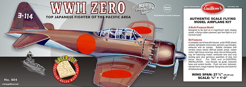 Guillows 404 1:16 Mitsubishi Zero 27-3/4" Wingspan Laser Cut Military Plane Kit