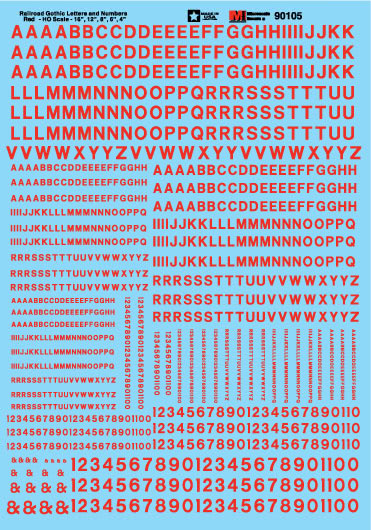 Microscale 90105 HO Red Gothic Railroad Alphabets & Numbers Decal Sheet