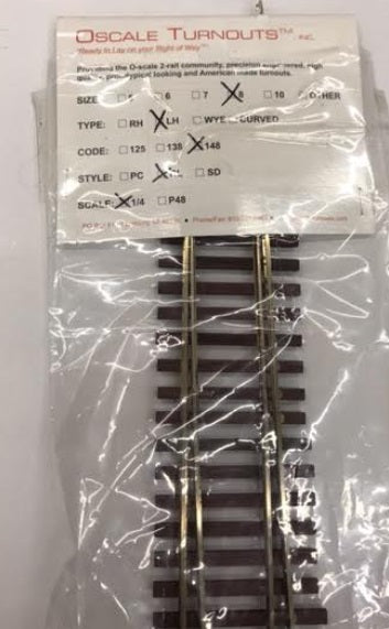 Oscale Turnouts O Scale 2 Rail Left Hand Code 148 Style RL 1/4 Turnout
