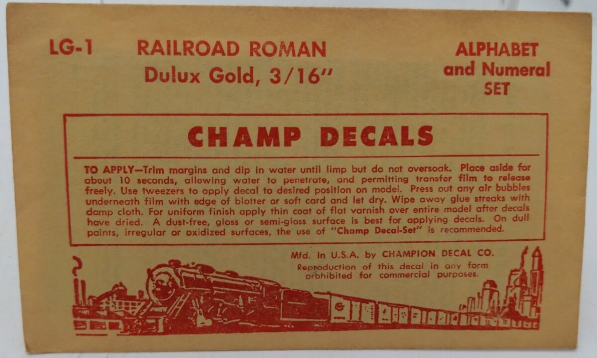 Champ Decals LG-1 HO Scale Railroad Roman Dulux Gold 3-/16” Decal Set