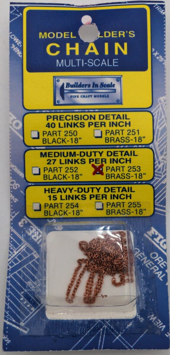 Builders-in-Scale 253 HO Scale Medium Duty 27 Links 18" Brass Chain.