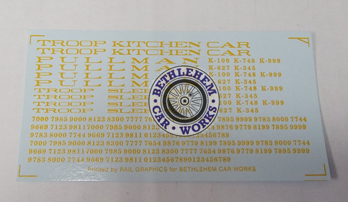 Bethlehem Car Works 72d HO Scale Pullman Troop Sleeper/Kitchen Dulux Decals