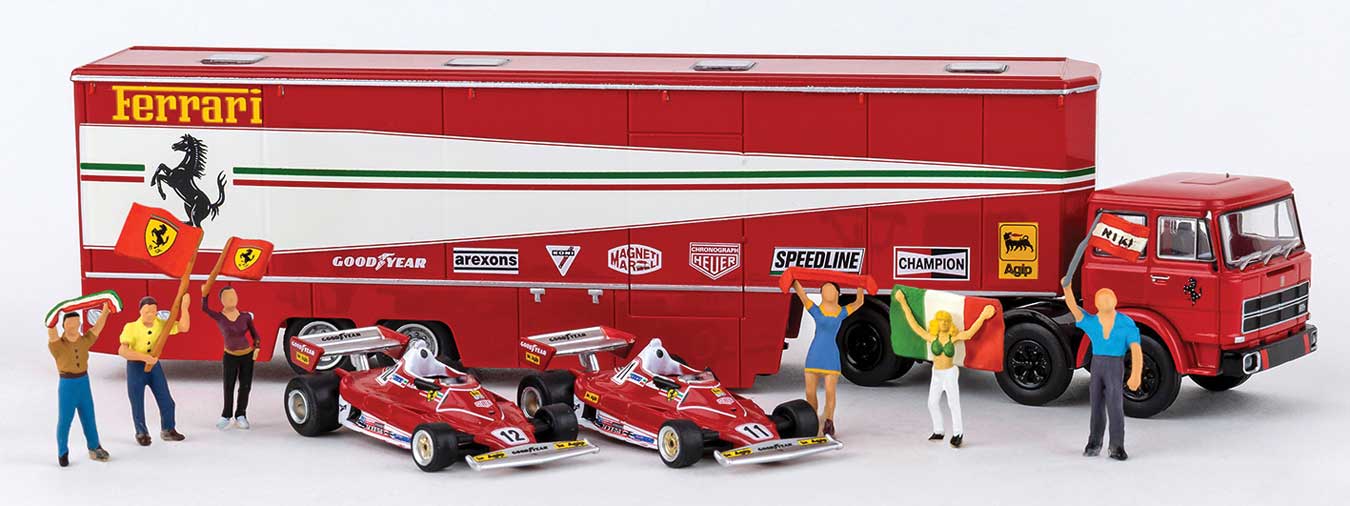 Brekina 58575 HO Scale Fiat Semi Tractor w/Racing Trailer, 2 Ferrari 312T2 & 6 Figures