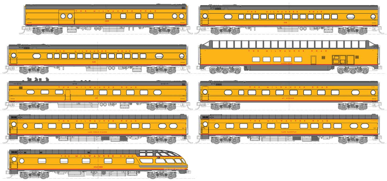 KATO 106-089-1 N Scale Milwaukee Road "Olympian Hiawatha Post 1955" 9 Car Passenger Train Set with Lights