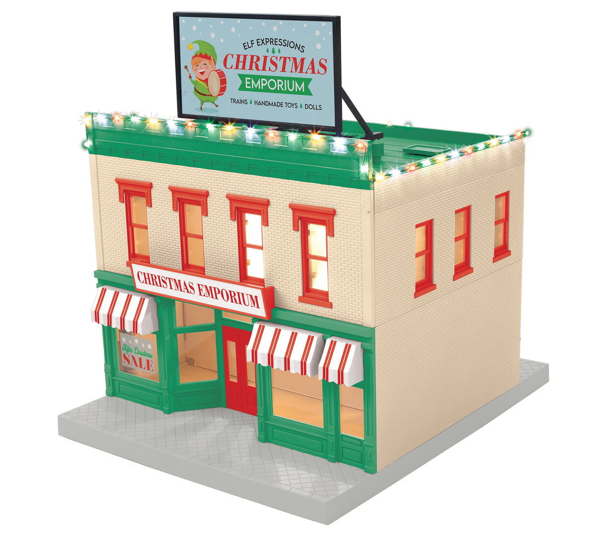 MTH 30-90683 O Gauge 2 Story City Building Elf Expressions Christmas Emporium with LEDs