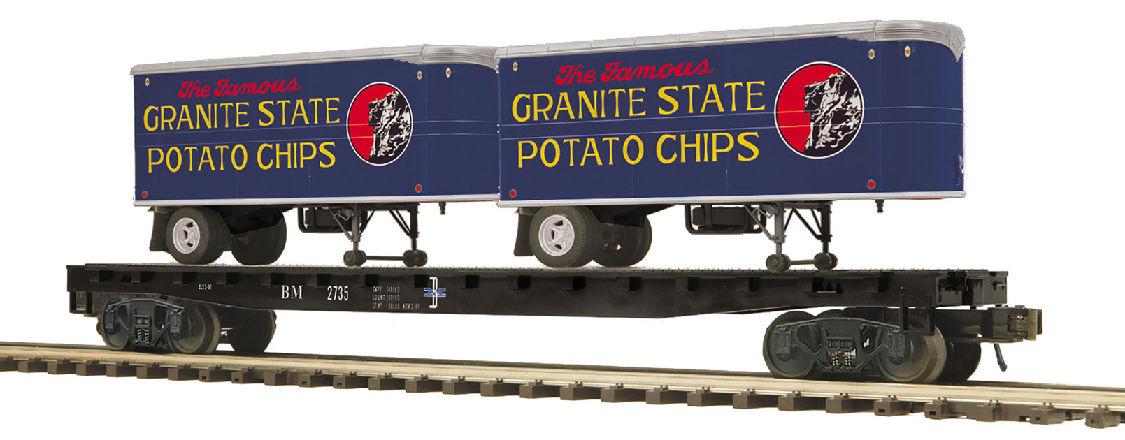 MTH Premier 20-95713 O Scale Boston & Maine Flatcar with Granite State Potato Chips Pup Trailers