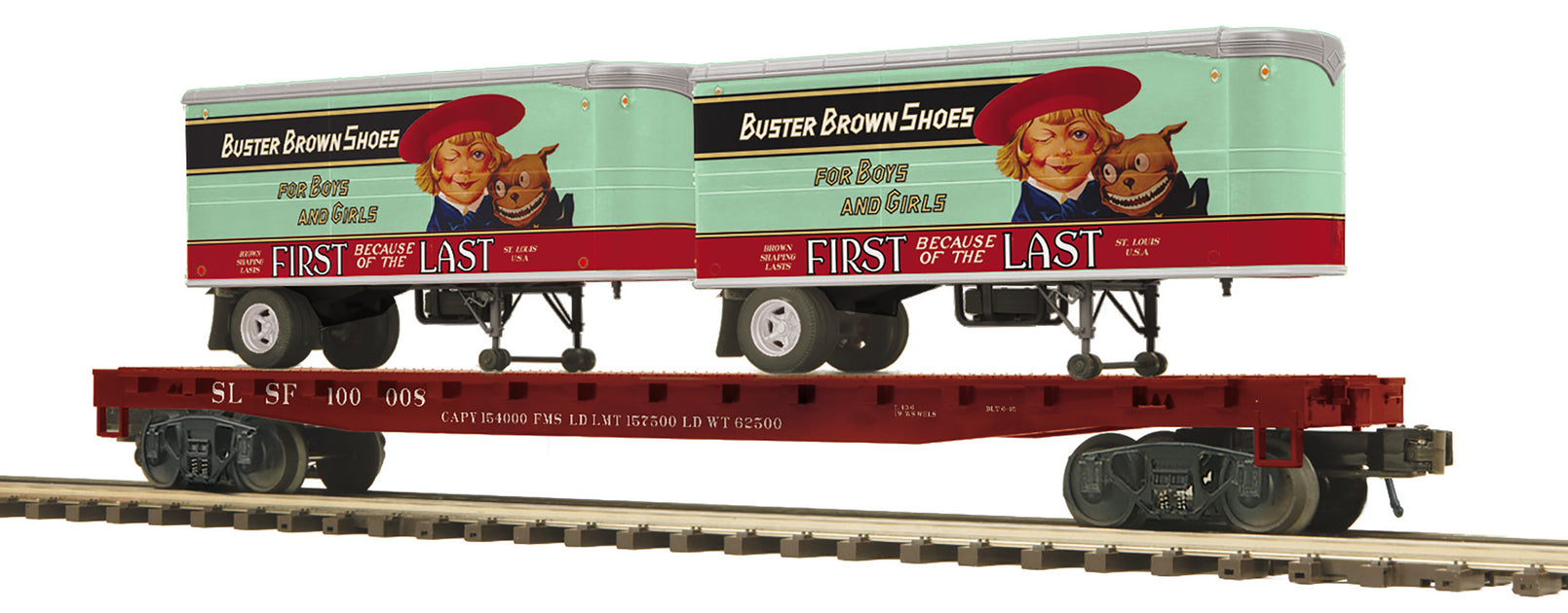 MTH Premier 20-95716 O Scale Frisco SLSF Flatcar with Buster Brown Shoes Pup Trailers