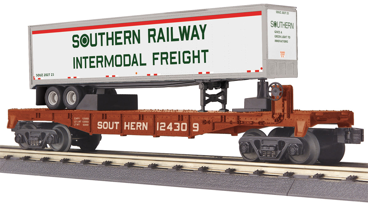 MTH RailKing 30-76895 O Gauge Flat Car with 40’ Trailer Southern 124309