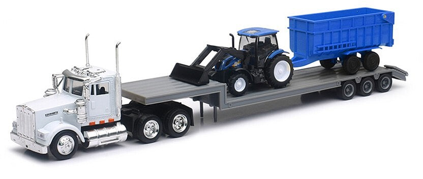 New Ray Toys 16153 1/43 Die Cast Kenworth W900 Lowboy Truck with New Holland Farm Tractor